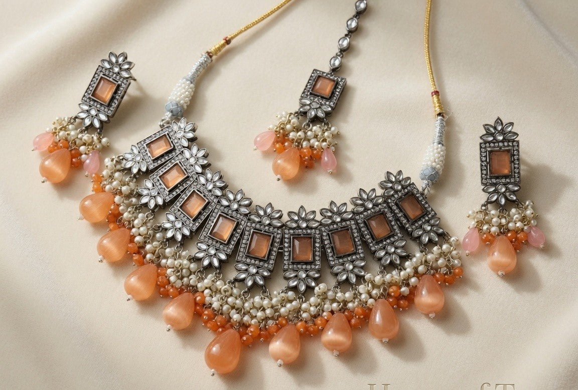 Coral Elegance Silver Kundan Choker Set