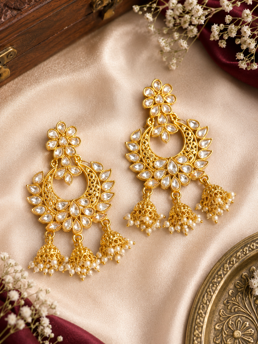 Kundan Pearl Jhumka Chandbali Earrings