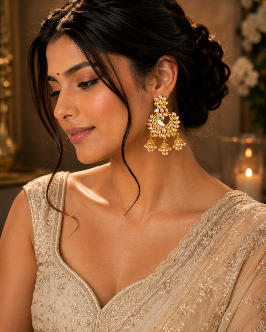 Kundan Pearl Jhumka Chandbali Earrings