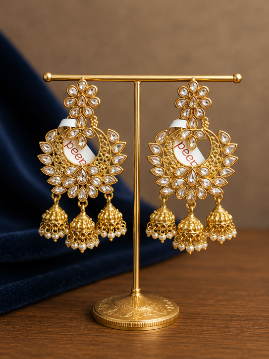 Kundan Pearl Jhumka Chandbali Earrings