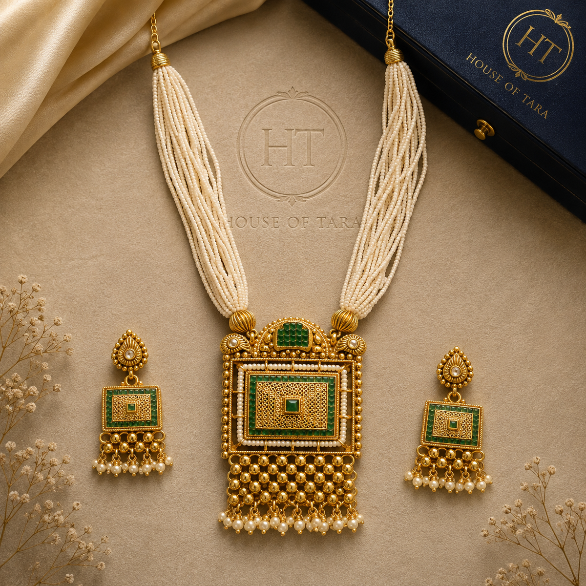 Emerald Rajwada Pearl Statement Necklace Set