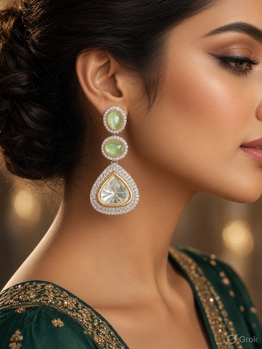 Lime Glow Polki Crystal Drop Earrings
